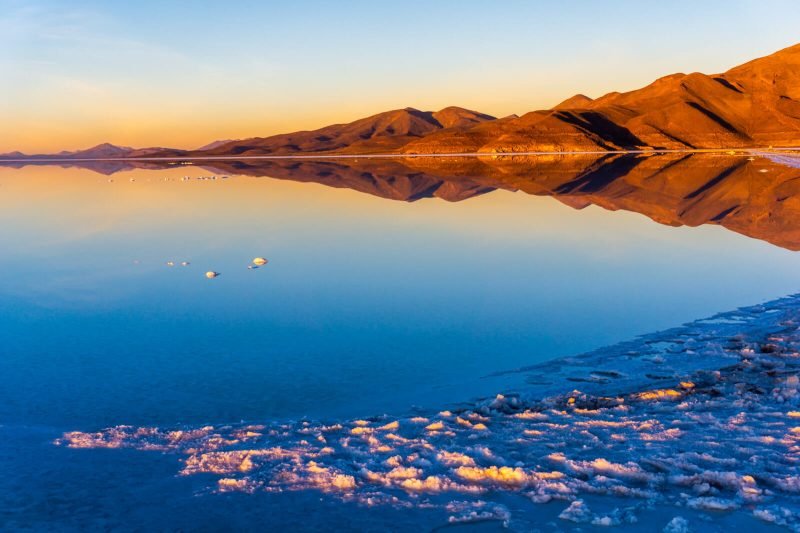 The beautiful sunrise reflections at Uyuni