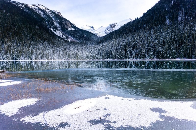 The First Joffre Lake, British Columbia, best photo stops on the Sea to Sky Highway during Winter